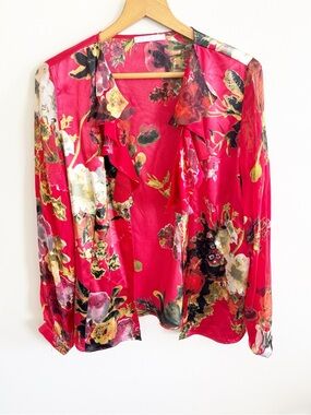 Basler silk red floral ruffle open long sleeve blouse top size 40/10